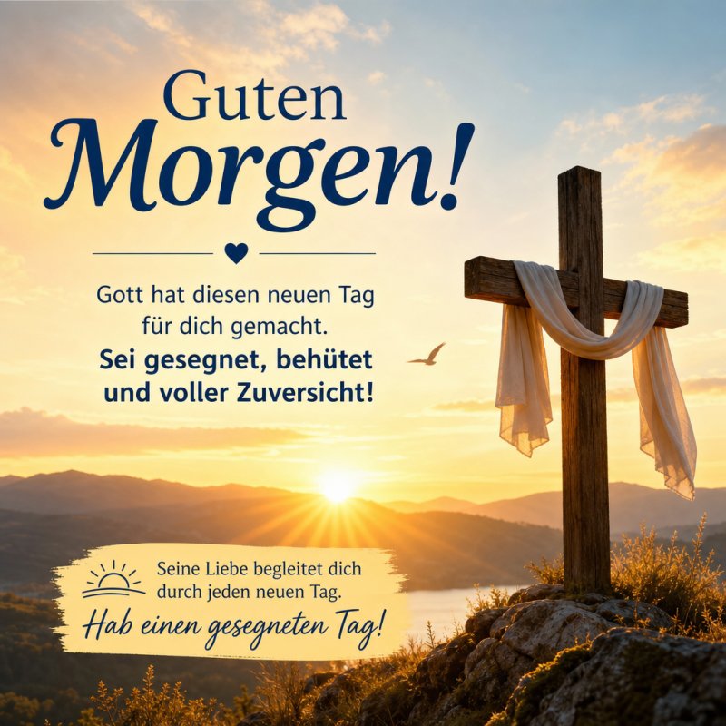 Ein Holzkreuz auf einem Hügel vor einem strahlenden Sonnenaufgang vermittelt eine religiöse Stimmung für einen besinnlichen Guten-Morgen-Gruß.