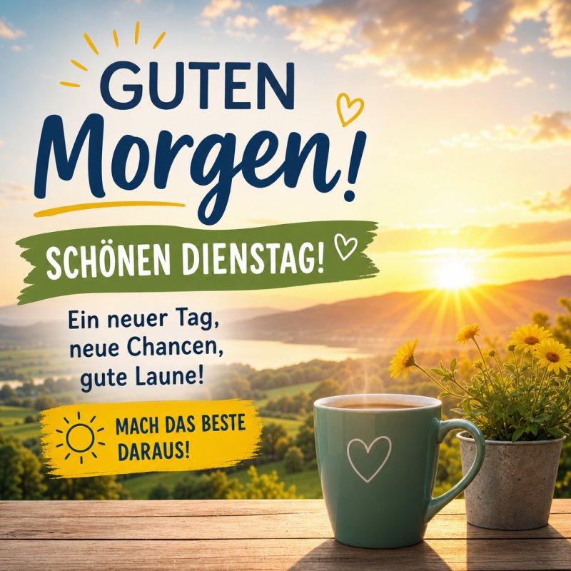 Ein liebevoller Guten-Morgen-Gruß zeigt eine Tasse mit Herzmotiv, Sonnenblumen und einen herrlichen Sonnenaufgang über einem See als Hintergrund.
