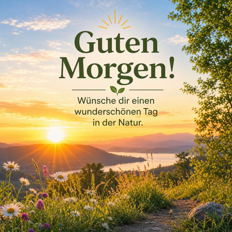 Ein malerischer Sonnenaufgang über einem See mit blühenden Blumen im Vordergrund verleiht diesem Guten-Morgen-Gruß eine friedliche Naturszene.
