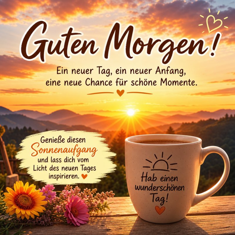 Eine Tasse Kaffee steht auf einem Tisch mit Blumen im Vordergrund, während die Sonne über bewaldeten Bergen aufgeht und ein Guten-Morgen-Gruß darauf zu lesen ist.