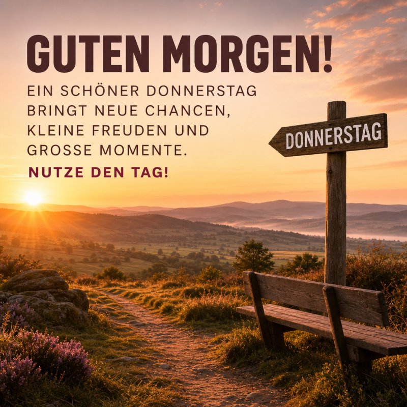 Ein Holzschild mit der Aufschrift Donnerstag steht bei einer Bank in malerischer Natur im Sonnenaufgang, ideal für einen Guten-Morgen-Gruß zum Donnerstag.