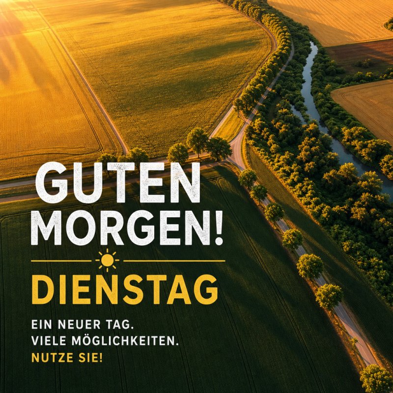 Ein Guten-Morgen-Gruß zeigt eine Luftaufnahme von grünen und goldenen Feldern mit einem Fluss bei Sonnenaufgang und dem Text 'Dienstag'.