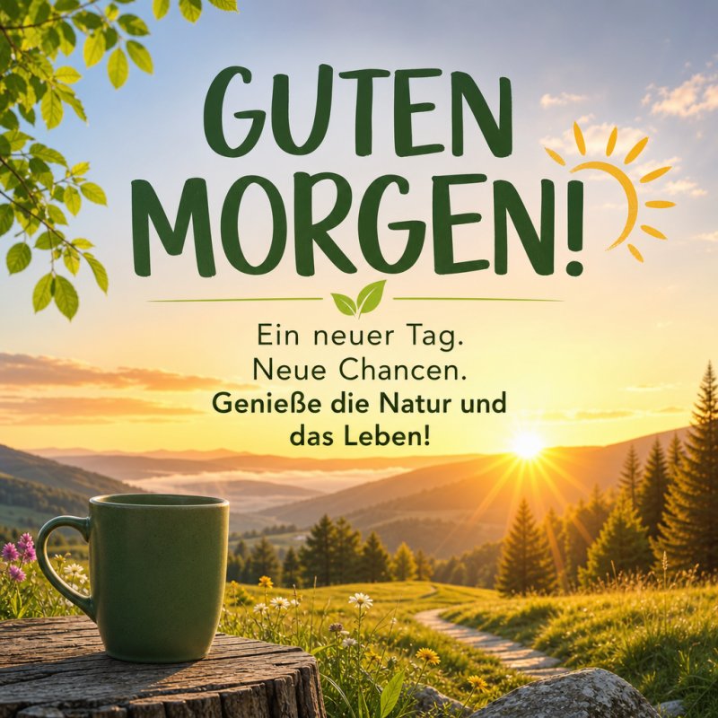 Ein Sonnenaufgang über grünen Hügeln mit einer Tasse Kaffee im Vordergrund vermittelt einen friedlichen Guten-Morgen-Gruß in der Natur.