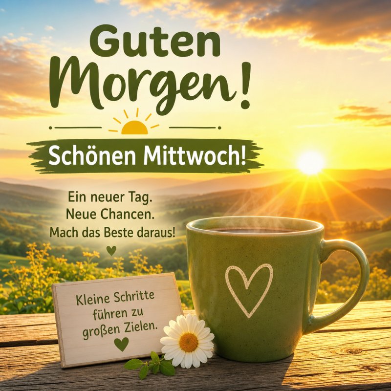 Ein grüner Becher mit Herz steht auf einem Holztisch vor einer Landschaft im Sonnenaufgang, begleitet von einem Schild mit einem Guten-Morgen-Gruß.