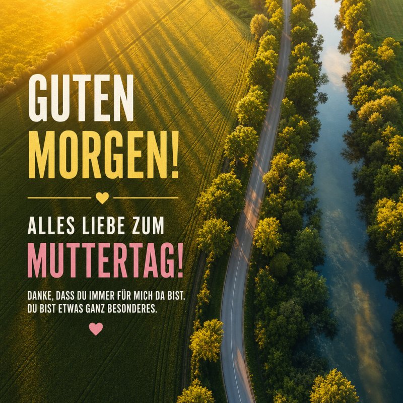 Ein malerischer Sonnenaufgang erhellt eine von Bäumen gesäumte Landstraße neben einem Fluss mit einem warmen Guten-Morgen-Gruß.