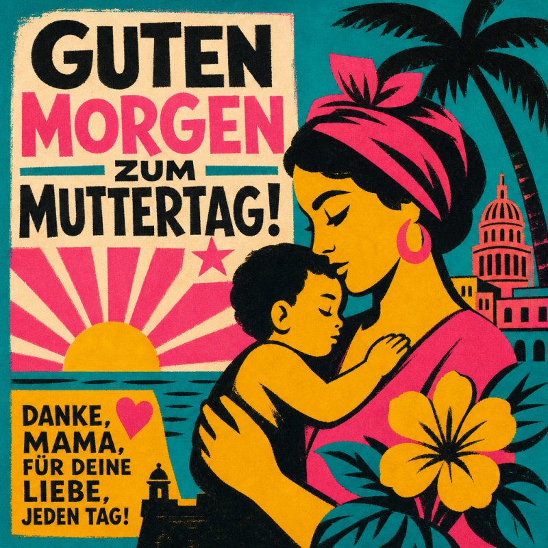 Eine stilisierte Mutter hält ihr Kind vor einem tropischen Sonnenaufgang mit Palmen und Gebäuden, begleitet von einem Guten-Morgen-Gruß zum Muttertag.