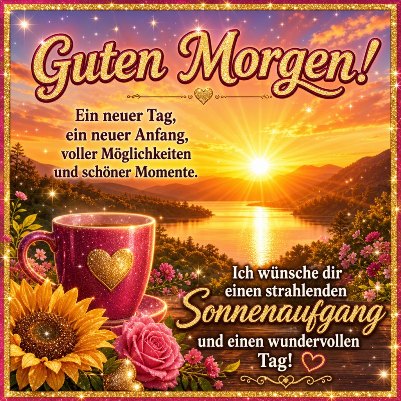 Ein malerischer Sonnenaufgang über einem ruhigen See und blühenden Blumen begrüßt den Tag mit einem Guten-Morgen-Gruß in leuchtenden Farben.