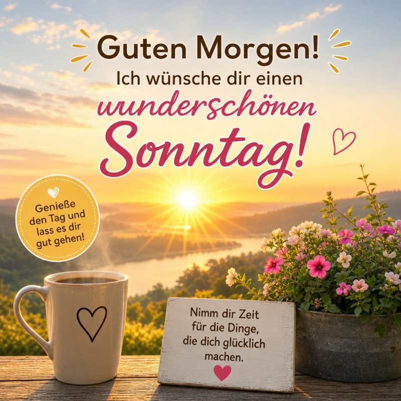 Ein liebevoller Guten-Morgen-Gruß zeigt eine Tasse mit Herz, eine motivierende Tafel und Blumen vor einem sonnigen Himmel am Sonntagmorgen.