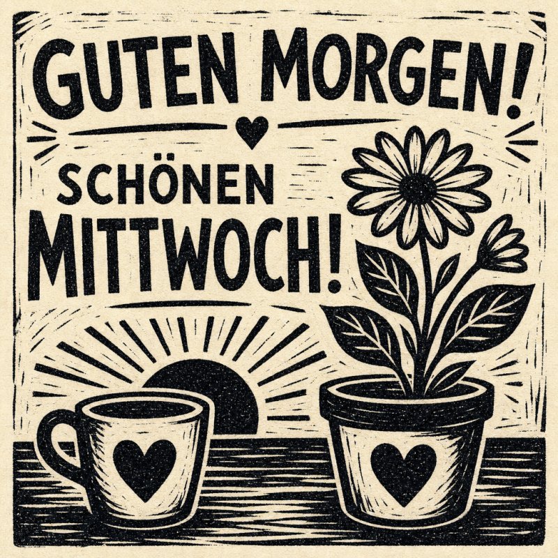 Ein stilisierter Guten-Morgen-Gruß zeigt eine Kaffeetasse und einen Blumentopf mit Herzmotiven vor einem Sonnenaufgang im Vintage-Stil.