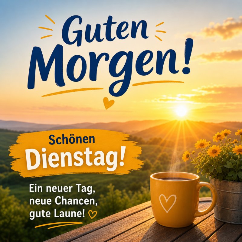 Ein sonniger Guten Morgen mit dampfendem Kaffee auf einem Holztisch, umrahmt von gelben Blumen und einem malerischen Sonnenaufgang im Hintergrund.