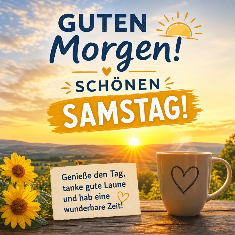 Ein warmes Bild mit einer dampfenden Tasse Kaffee und Sonnenblumen vor einem Panorama eines sonnigen Morgens, ideal für einen Guten-Morgen-Gruß.