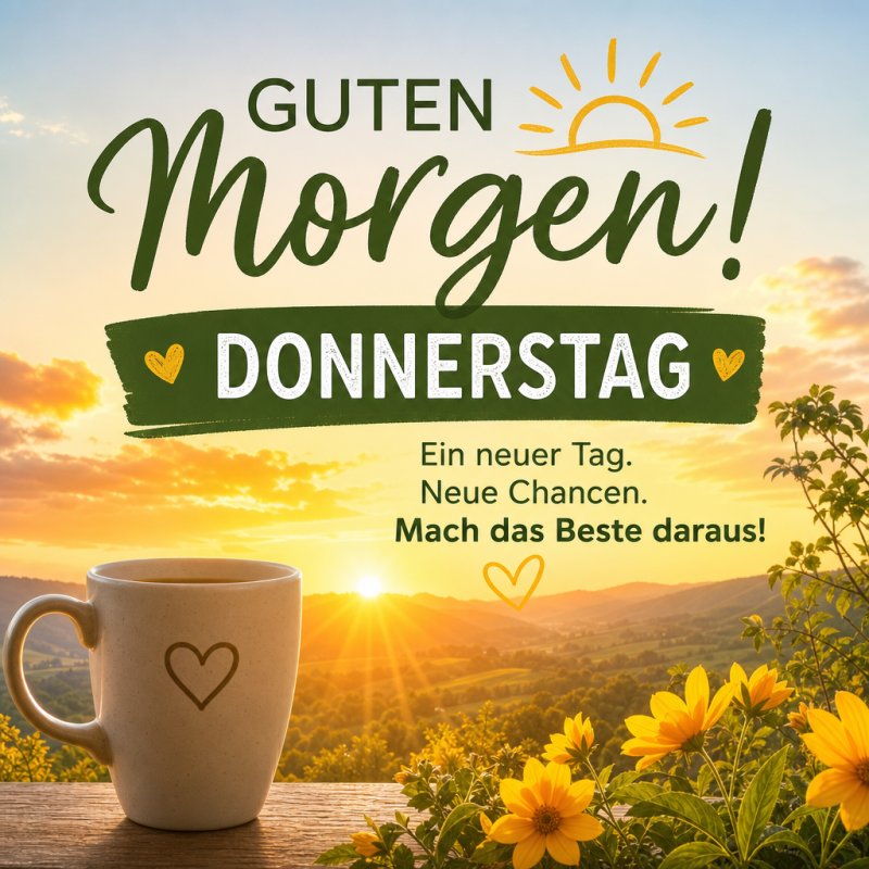 Ein idyllischer Sonnenaufgang mit einer Tasse Kaffee im Vordergrund und Blumen, begleitet von einem inspirierenden Guten-Morgen-Gruß für Donnerstag.
