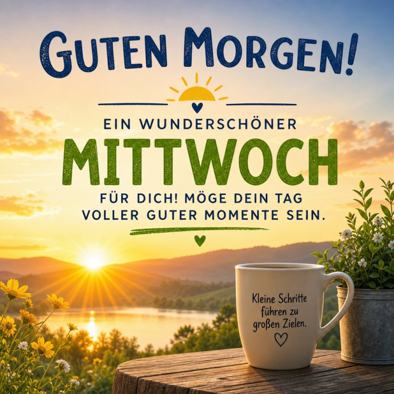 Ein Guten-Morgen-Gruß zeigt einen Sonnenaufgang über einer blühenden Wiese mit einer Tasse Kaffee im Vordergrund und motivierendem Spruch.