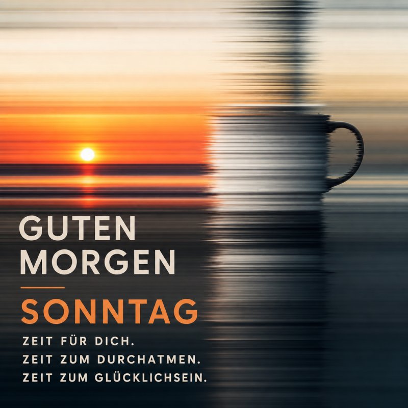 Ein strahlender Sonnenaufgang über dem Meer mit einer unscharfen Kaffeetasse im Vordergrund als Guten-Morgen-Gruß für Sonntag.