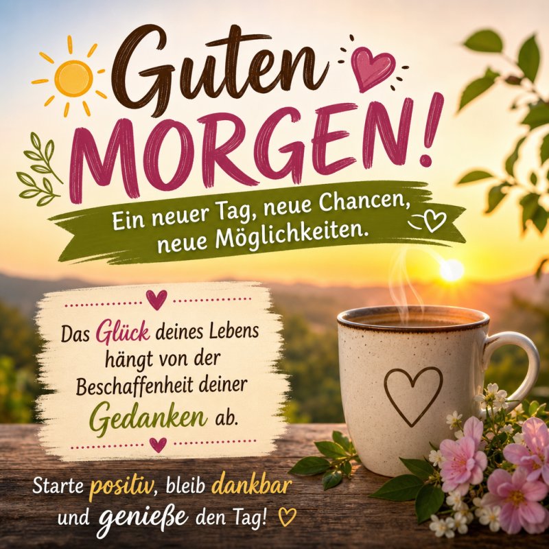 Ein herzlicher Guten-Morgen-Gruß zeigt eine Kaffeetasse mit Herzmotiv vor einem sonnigen Sonnenaufgang und einer inspirierenden Botschaft.