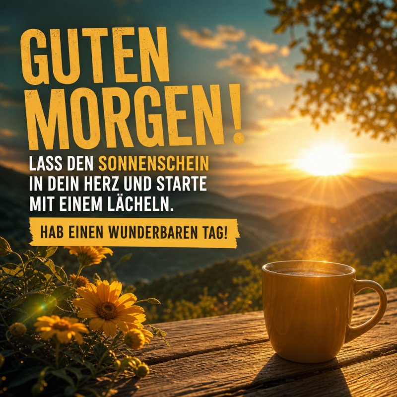 Ein warmer Guten-Morgen-Gruß zeigt eine dampfende Kaffeetasse auf einem Holztisch, umgeben von gelben Blumen, mit einem beeindruckenden Sonnenaufgang im Hintergrund.