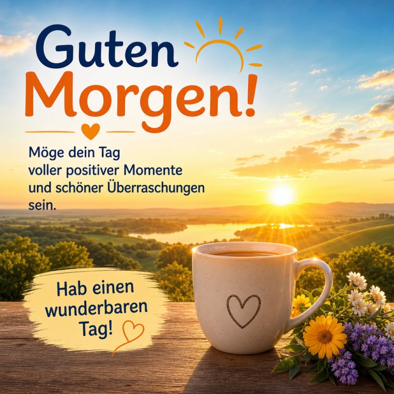Ein blühender Guten-Morgen-Gruß mit einer Tasse Kaffee, einem Herzmotiv und Blumen in idyllischer Landschaft bei Sonnenaufgang.