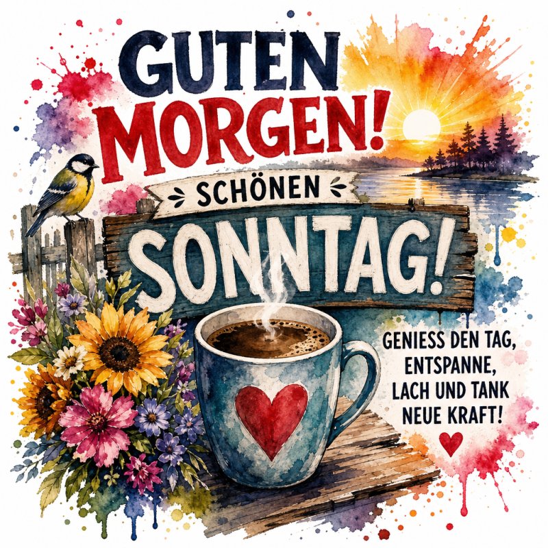 Ein bunter Guten-Morgen-Gruß zeigt eine dampfende Kaffeetasse mit Herz, Sonnenblumen, eine Meise und einen malerischen Sonnenaufgang am Sonntag.