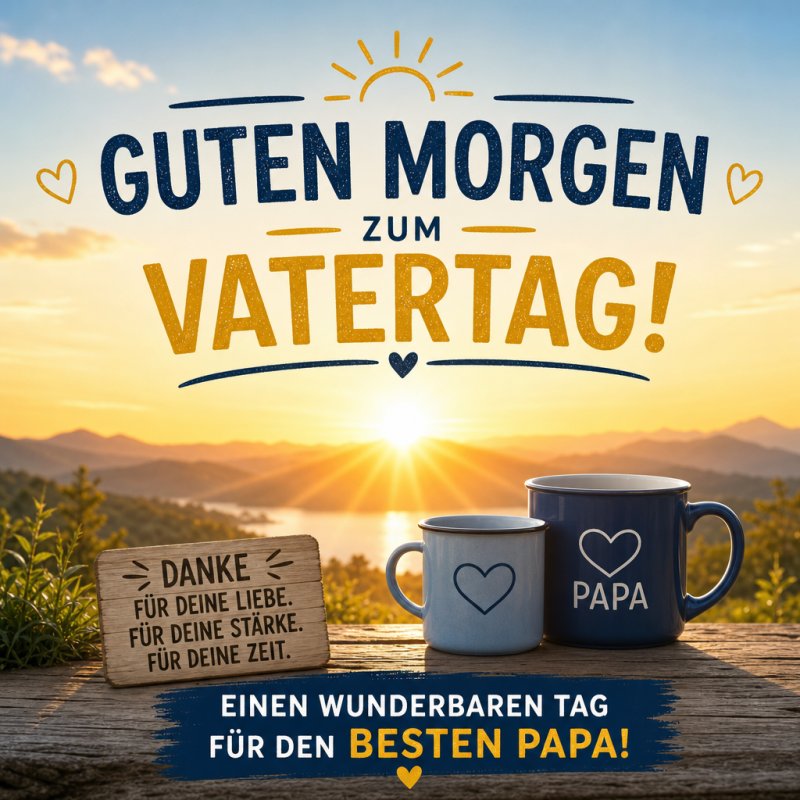 Ein Guten Morgen Gruß zum Vatertag zeigt zwei Kaffeetassen auf einem Tisch vor einer herrlichen Berglandschaft bei Sonnenaufgang.