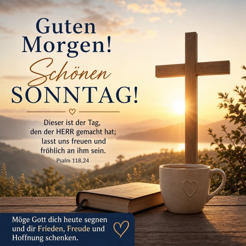 Ein hölzernes Kreuz und eine Tasse stehen vor einem Sonnenaufgang mit einem Buch, passend zu einem sonnigen Guten-Morgen-Gruß am Sonntag.