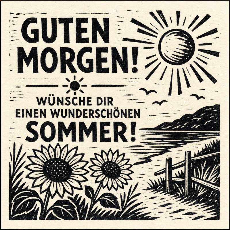 Ein Schwarz-Weiß-Holzschnitt zeigt Sonnenblumen, einen strahlenden Himmel und ein Gewässer daneben, passend für einen Guten-Morgen-Gruß.