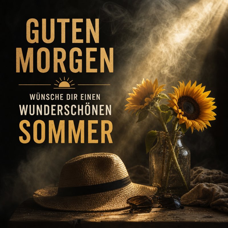 Zwei Sonnenblumen in einer Vase neben einem Strohhut, beleuchtet von warmem Morgenlicht, illustrieren einen stimmungsvollen Guten-Morgen-Gruß.