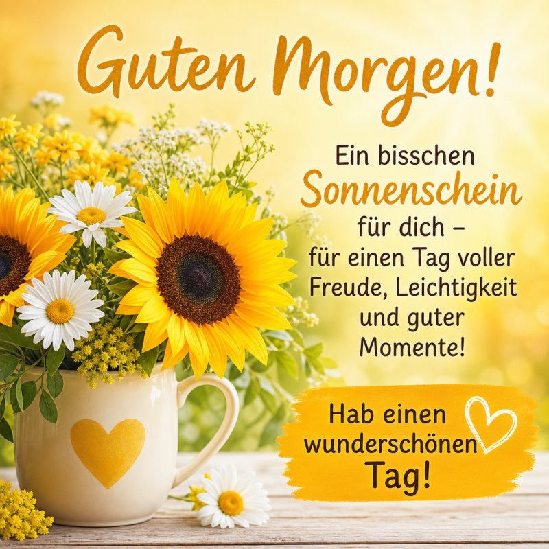 Ein strahlendes Arrangement aus Sonnenblumen und Gänseblümchen in einer gelben Herzvase verbreitet einen fröhlichen Guten-Morgen-Gruß in einem sonnigen Ambiente.