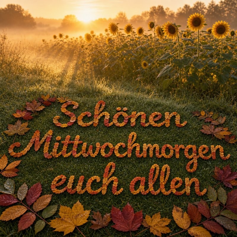 Ein Guten-Morgen-Gruß als weiches Foto: Sonnenblumen im Morgentau, ihre Köpfe gen Himmel gerichtet, umgeben von Nebel und bunter Laubschrift.