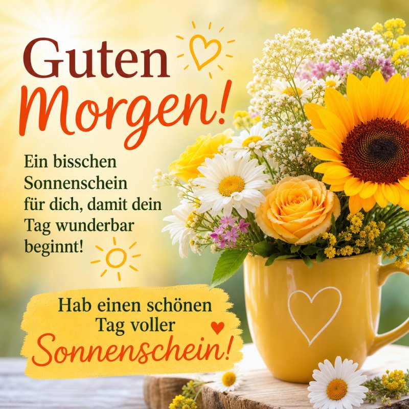 Ein gelber Becher mit Sonnenblumen und anderen Blumen steht im Sonnenlicht und verbreitet einen fröhlichen Guten-Morgen-Gruß.