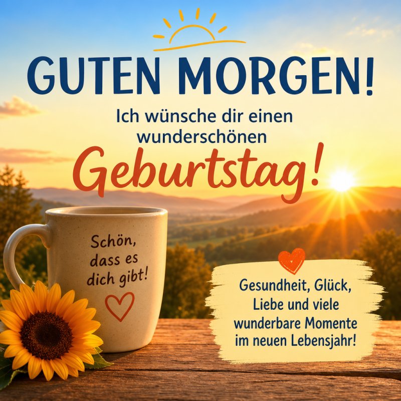 Ein Guten-Morgen-Gruß mit einer Tasse Kaffee und einer Sonnenblume vor einem malerischen Sonnenaufgang, begleitet von Geburtstagswünschen.