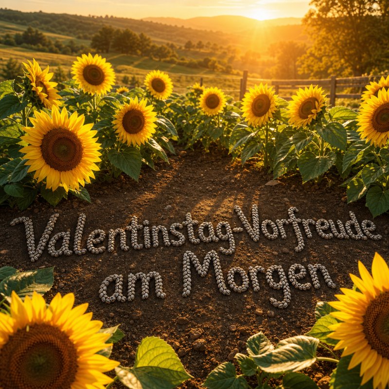 Guten-Morgen-Gruß als 3D-Render: Sonnenblumen leuchten in der Morgensonne auf einem Feld, mit Valentinstag-Gruß aus Sonnenblumenkernen im Boden geschrieben.