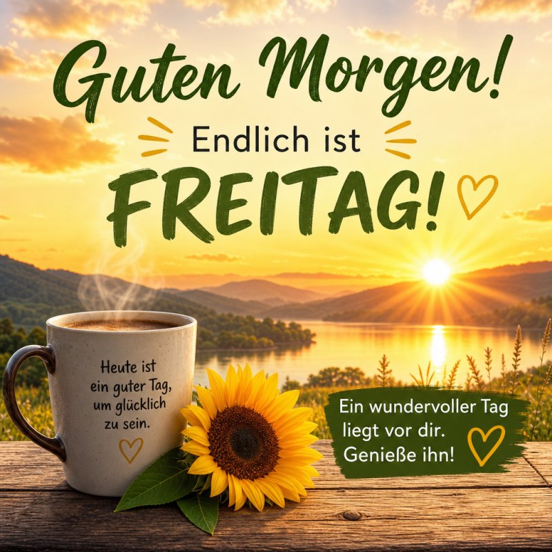 Ein Guten-Morgen-Gruß mit einer Tasse Kaffee, einer Sonnenblume und einem Sonnenaufgang über einem See, dazu die Aufschrift 'Endlich ist Freitag!'.