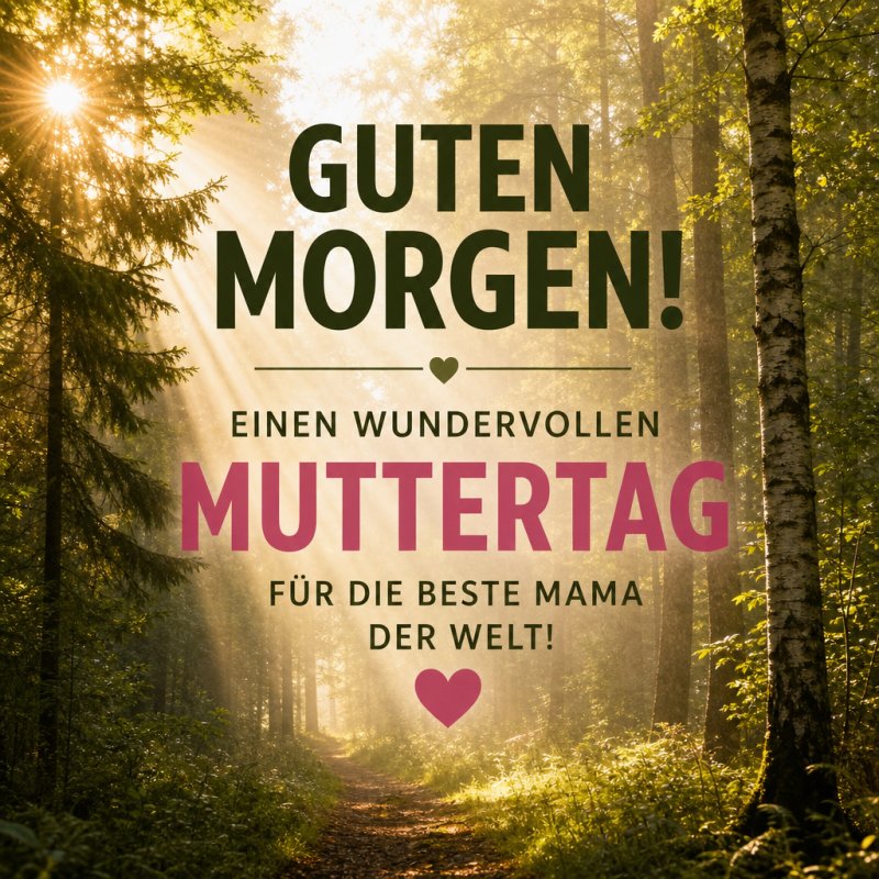 Ein stimmungsvoller Waldweg wird von Sonnenstrahlen erleuchtet, begleitet von einem Guten-Morgen-Gruß zum Muttertag für die beste Mama der Welt.