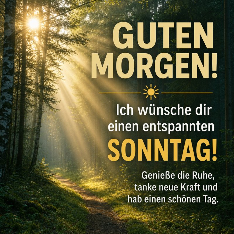 Ein malerischer Waldweg im Morgengrauen mit Sonnenstrahlen, die durch die Bäume scheinen, begleitet von einem Guten-Morgen-Gruß für einen entspannten Sonntag.