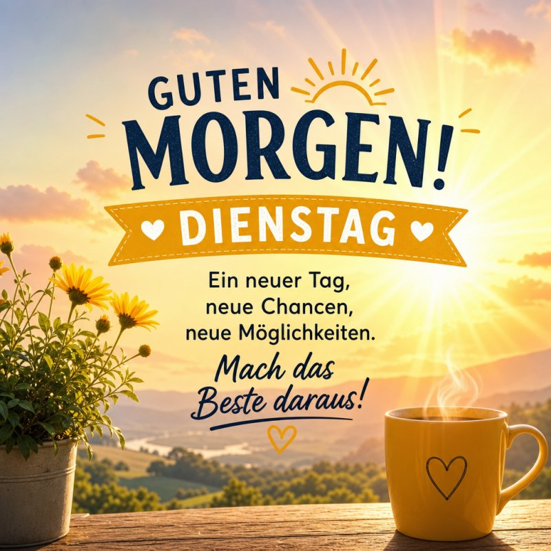 Ein Morgenbild mit gelber Kaffeetasse und Herzmotiv, Sonnenblumen und strahlendem Sonnenaufgang über einer Landschaft als Guten-Morgen-Gruß.