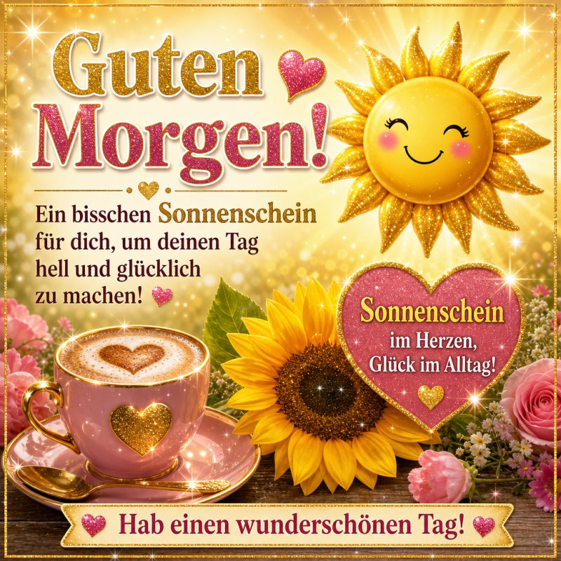 Ein fröhliches Sonnengesicht und ein Herz aus Sonnenblumen zieren diesen farbenfrohen Guten-Morgen-Gruß mit Kaffeetasse und Glitzereffekten.
