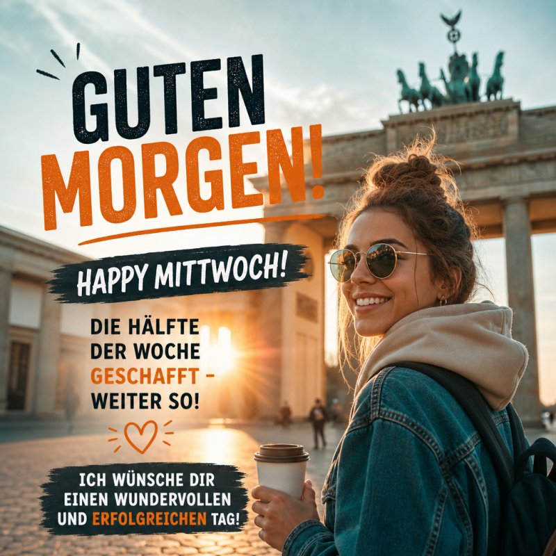 Eine lächelnde Frau mit Sonnenbrille und Kaffeebecher steht vor dem Brandenburger Tor bei Sonnenschein für einen fröhlichen Guten-Morgen-Gruß.