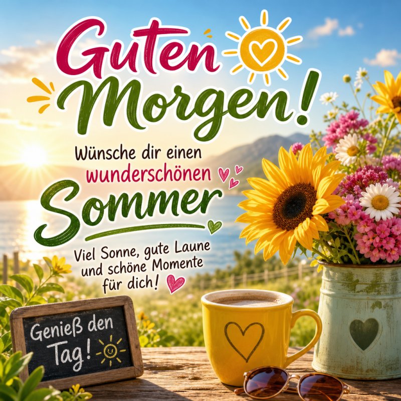 Ein bunter Guten-Morgen-Gruß zeigt einen Tisch mit Sonnenblumen und einem gelben Herzbecher vor einem sonnigen See im Sommer mit Bergen im Hintergrund.