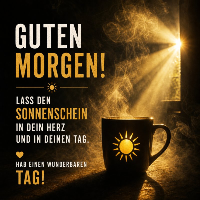 Ein Sonnenstrahl fällt auf eine Tasse mit Sonnensymbol in einem warmen Raum, als Teil eines Guten-Morgen-Grußes mit inspirierendem Text.
