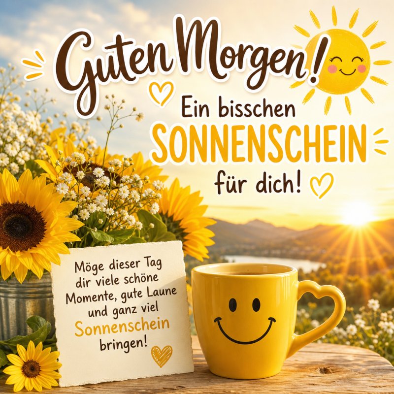Ein freundlicher Guten-Morgen-Gruß zeigt eine gelbe Tasse mit Smiley und Sonnenblumen vor einem sonnigen Bergpanorama, das positiver Stimmung verspricht.
