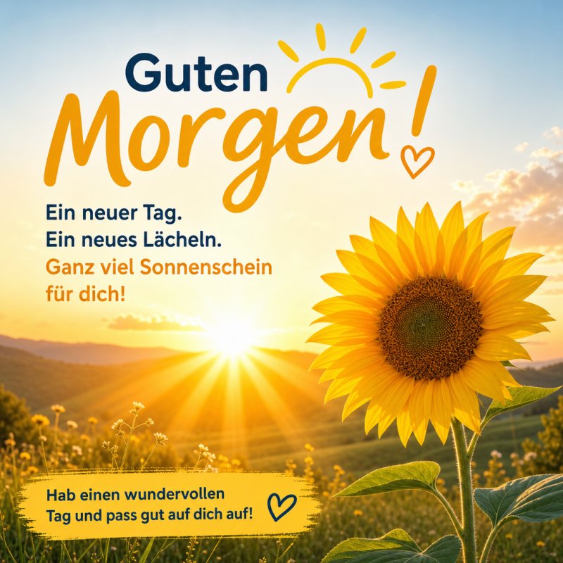 Eine leuchtende Sonnenblume in einem sonnigen Feld am Morgen, begleitet von einem farbenfrohen Guten-Morgen-Gruß vor einem blauen Himmel mit wenigen Wolken.