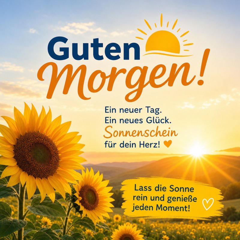 Ein strahlender Guten Morgen mit gelben Sonnenblumen vor einer malerischen Landschaft bei Sonnenaufgang, das Freude und Licht für den Tag verspricht.