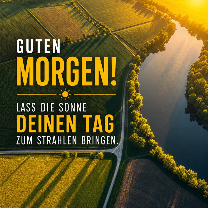 Ein Luftbild zeigt einen von Bäumen gesäumten Fluss bei Sonnenaufgang, umgeben von Feldern, als stimmungsvoller Guten-Morgen-Gruß.