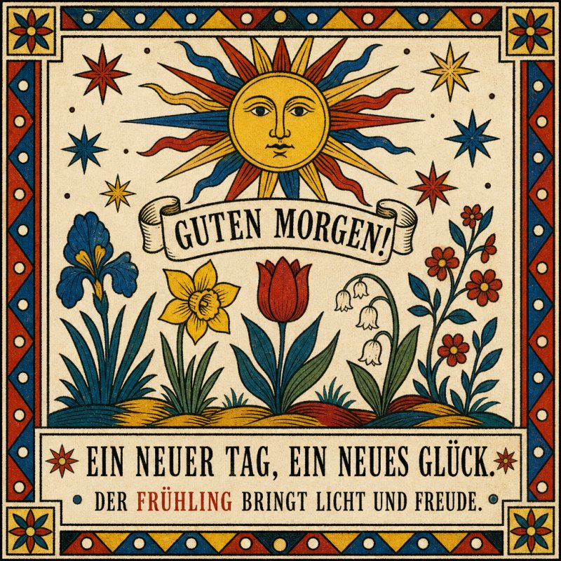 Ein verspielter Guten-Morgen-Gruß zeigt eine lächelnde Sonne über bunten Frühlingsblumen wie Tulpen und Lilien, umrahmt von geometrischen Mustern.