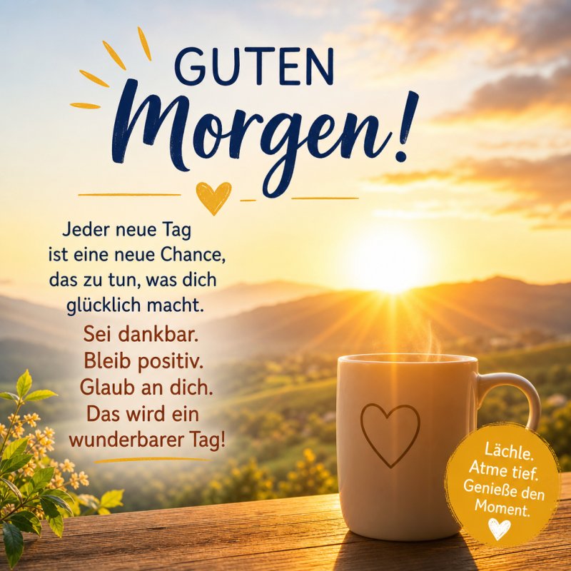 Ein sonniger Morgen mit einem weißen Becher mit Herzmotiv und motivierenden Sprüchen weckt gute Laune und begründet den fröhlichen Guten-Morgen-Gruß.
