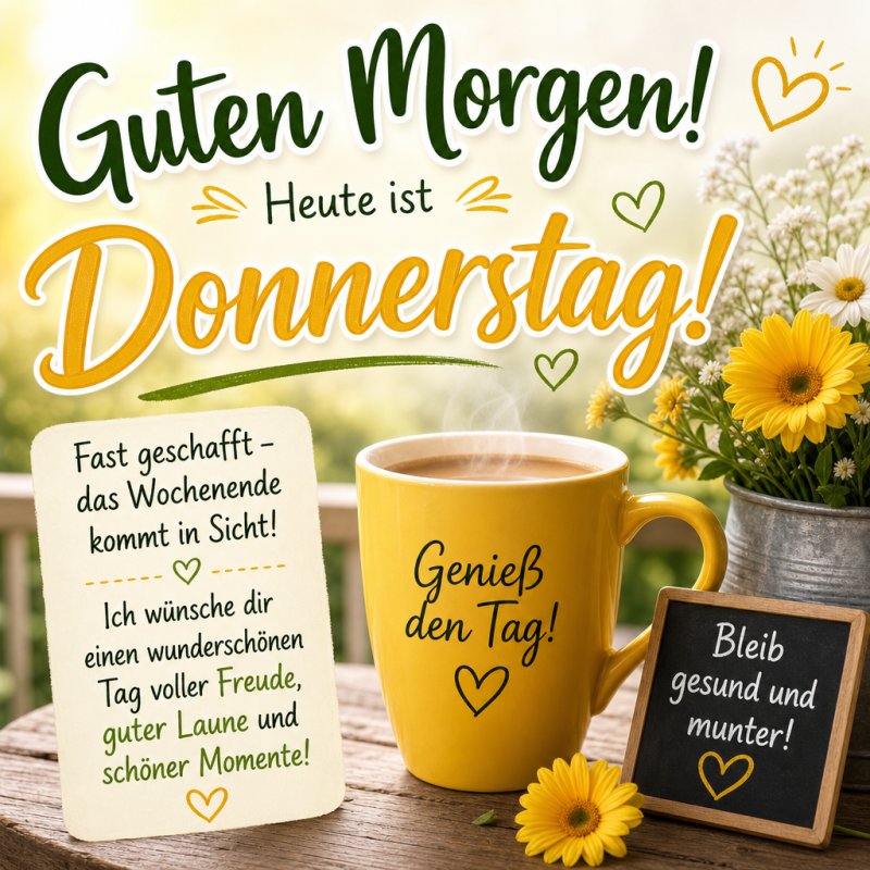 Ein gelber Kaffeebecher und ein Kreidetafel-Guten-Morgen-Gruß mit Blumen und Herzen verbreiten positive Donnerstagstimmung.
