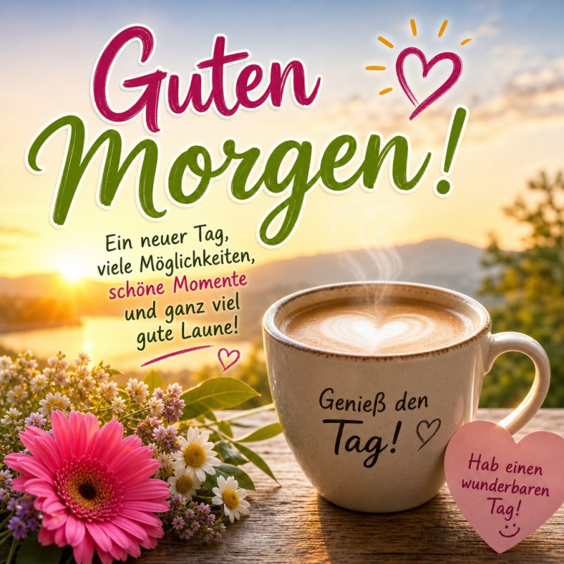 Ein einladendes Bild mit einem Herz im Milchschaum eines Kaffees, umgeben von bunten Blumen bei Sonnenaufgang, als herzlicher Guten-Morgen-Gruß.