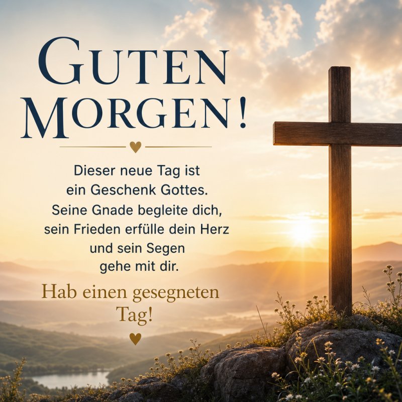 Ein hölzernes Kreuz steht auf einem Hügel mit Blick auf einen sonnendurchfluteten See und Berge im Hintergrund, begleitet von einem "Guten Morgen"-Gruß.