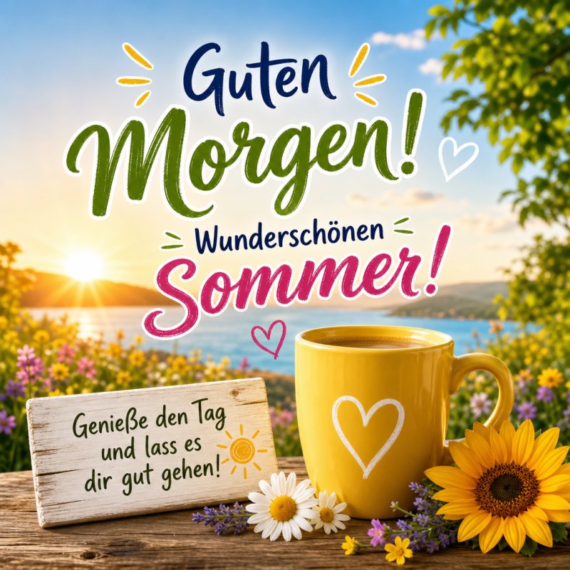 Eine Tasse Kaffee steht auf einem Holztisch vor einem sonnigen See, umgeben von Blumen, als Teil eines freundlichen Guten-Morgen-Grußes.