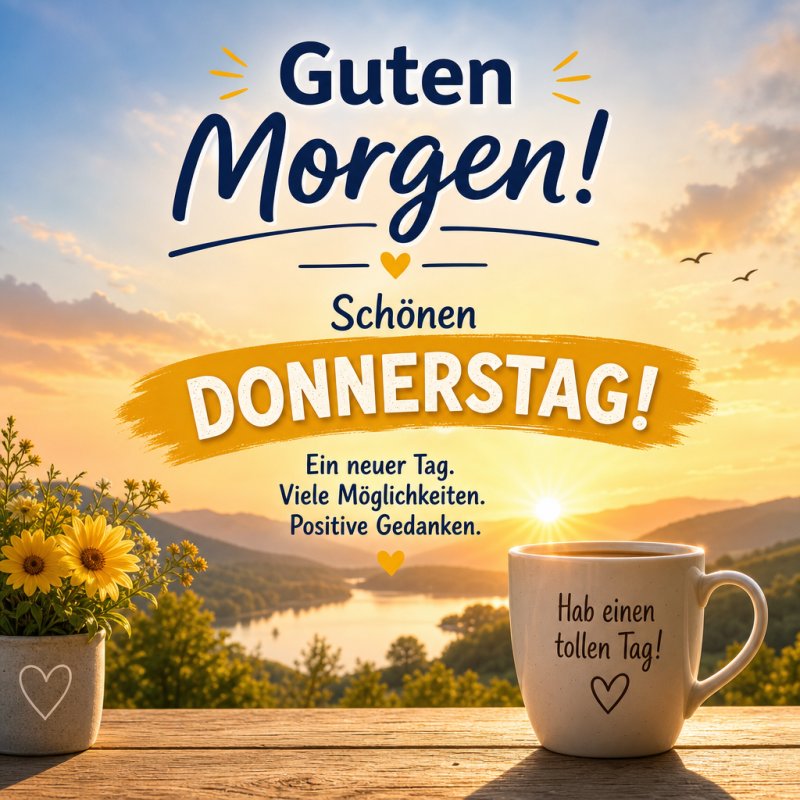Ein Guten-Morgen-Gruß zeigt eine Tasse mit 'Hab einen tollen Tag!' neben gelben Blumen vor einem Sonnenaufgang über einem See mit Vögeln im Himmel.
